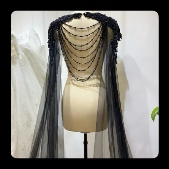Handmade beaded black tulle cape - Picture 1 of 2
